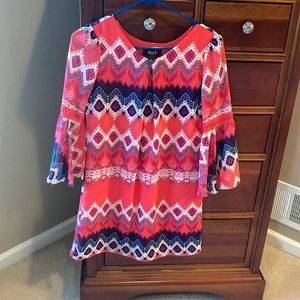 Ally B girls bell sleeve dress, coral orange and navy blue, size 14, knee length